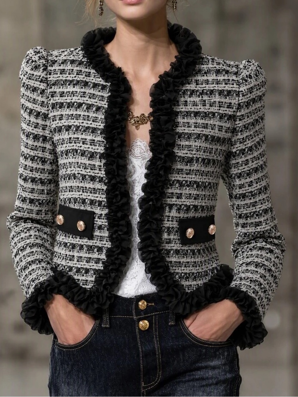 Women's Long Sleeve Patchwork Black Chiffon Lace Jacket